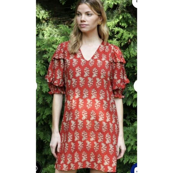 ANNA CATE Sz L Large Rust Rose Floral Cotton Block Print Dress - Picture 1 of 10